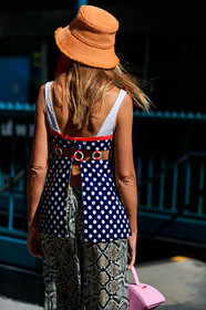 animal print, blue top, graphic skirt, graphic top, orange hat, polka dot, printed skirt, printed top, snake print, fashion week, frenchystyle, FW, jonathan paciullo, street style, NEW YORK, NYFW, SPRING SUMMER 2020, SS 20, vertical, detail, atmosphere details