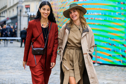 ece sukan, caroline issa, red jacket, red pants, red suits, multi necklace, golden necklace, big chain necklace, stone necklace, red necklace, blue necklace, long necklace, multi charms necklace, black pullover, crossbody bag, box bag, sunglasses box, brown leather bag, beige hat, beige trench coat, beige dress, mini dress, belted dress, kaki hat, fashion week, frenchystyle, FW, jonathan paciullo, street style, PFW, PARIS, SPRING SUMMER 2020, SS 20, horizontal, atmosphere details, detail