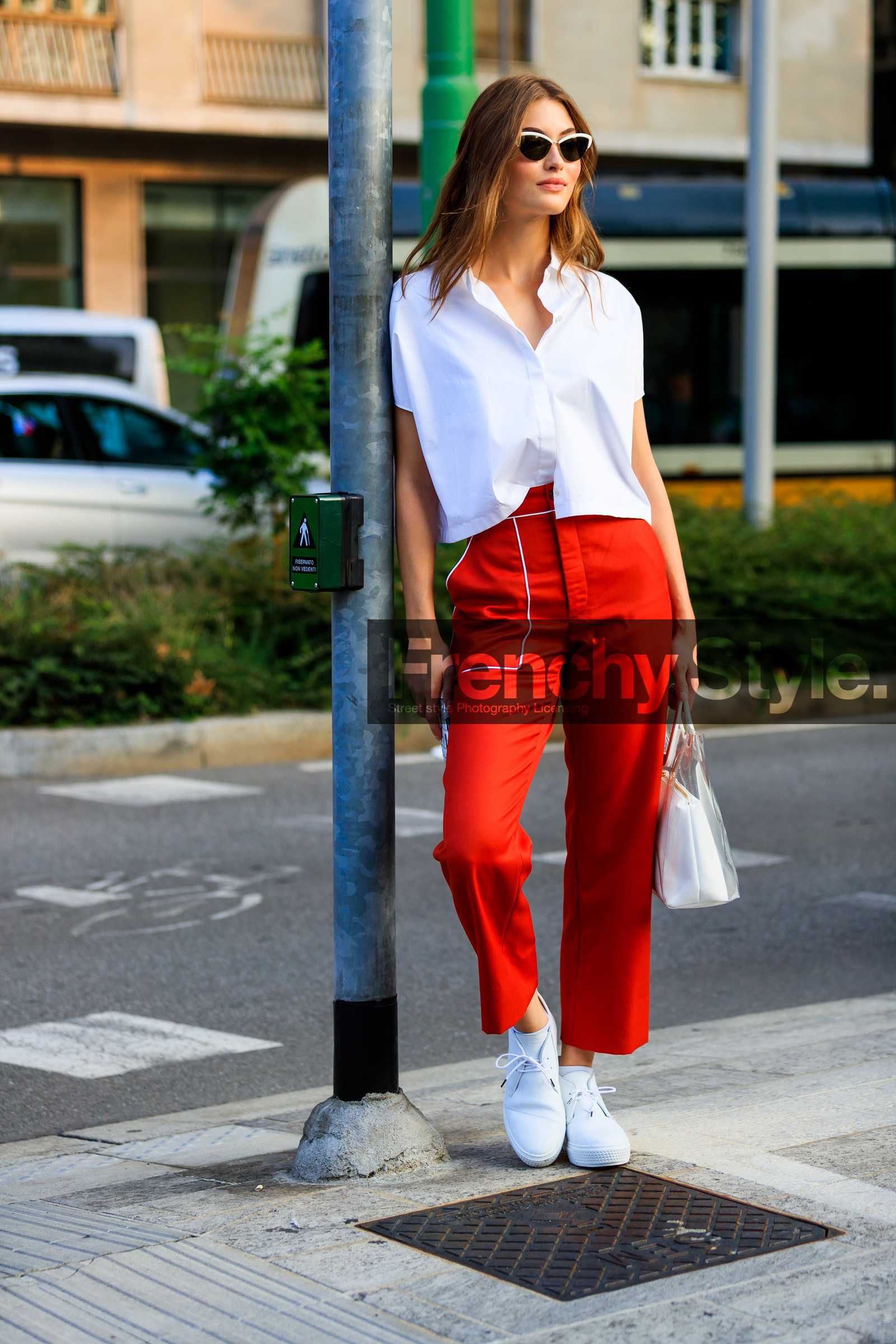Grace Elizabeth, leather bag, leather shoes, model, red pants, sunglasses, trousers, white bag, white shirt, white sneakers, fashion week, frenchystyle, FW, jonathan paciullo, street style, MFW, MILAN, SPRING SUMMER 2019, SS 19, vertical, full length