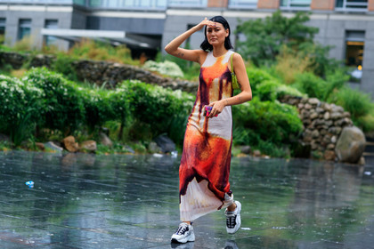 graphic dress, green bag, leather shoes, long dress, printed dress, tattoos, white shoes, white sneakers, fashion week, frenchystyle, FW, jonathan paciullo, street style, NEW YORK, NYFW, SPRING SUMMER 2020, SS 20, horizontal, atmosphere details, full length