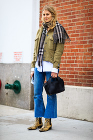 animal print, AUTUMN WINTER 2016-2017, AW 16-17, black bag, blue denim, checked scarf, denim pants, FALL WINTER 2016-2017, fashion week, frenchystyle, full length, FW, FW 16-17, grey scarf, jeans, jonathan paciullo, kaki jacket, leather bag, leather boots, NEW YORK, NYFW, plaid, snake print, street style, tartan, trousers, vertical, white shirt, woman, wool jacket