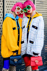 Ami and Aya Suzuki, black bag, blue sweater, checked, dyed hair, graphic jacket, gucci, hoodie, leather bag, necklace, pink hair, plaid, printed jacket, red bag, sunglasses, tights, tweed jacket, white jacket, yellow jacket, fashion week, frenchystyle, FW, jonathan paciullo, street style, MFW, MILAN, AUTUMN WINTER 2019-2020, AW 19-20, FALL WINTER 2019-2020, FW 19-20, vertical, atmosphere details, detail