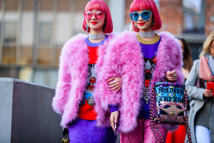 animal print, chinese print, choker, dyed hair, fur jacket, fuschia, glitter, graphic bag, gucci, japanese print, leather bag, multicolor bag, necklace, pink fur, pink hair, pink jacket, pink pants, printed bag, purple skirt, purple sweater, red lips, red sweater, rings, sequined pants, sequined skirt, shiny pants, shiny skirt, sunglasses, tights, fashion week, frenchystyle, FW, jonathan paciullo, street style, MFW, MILAN, AUTUMN WINTER 2018-2019, FALL WINTER 2018-2019, FW 18-19, horizontal, atmosphere details, Ami and Aya Suzuki