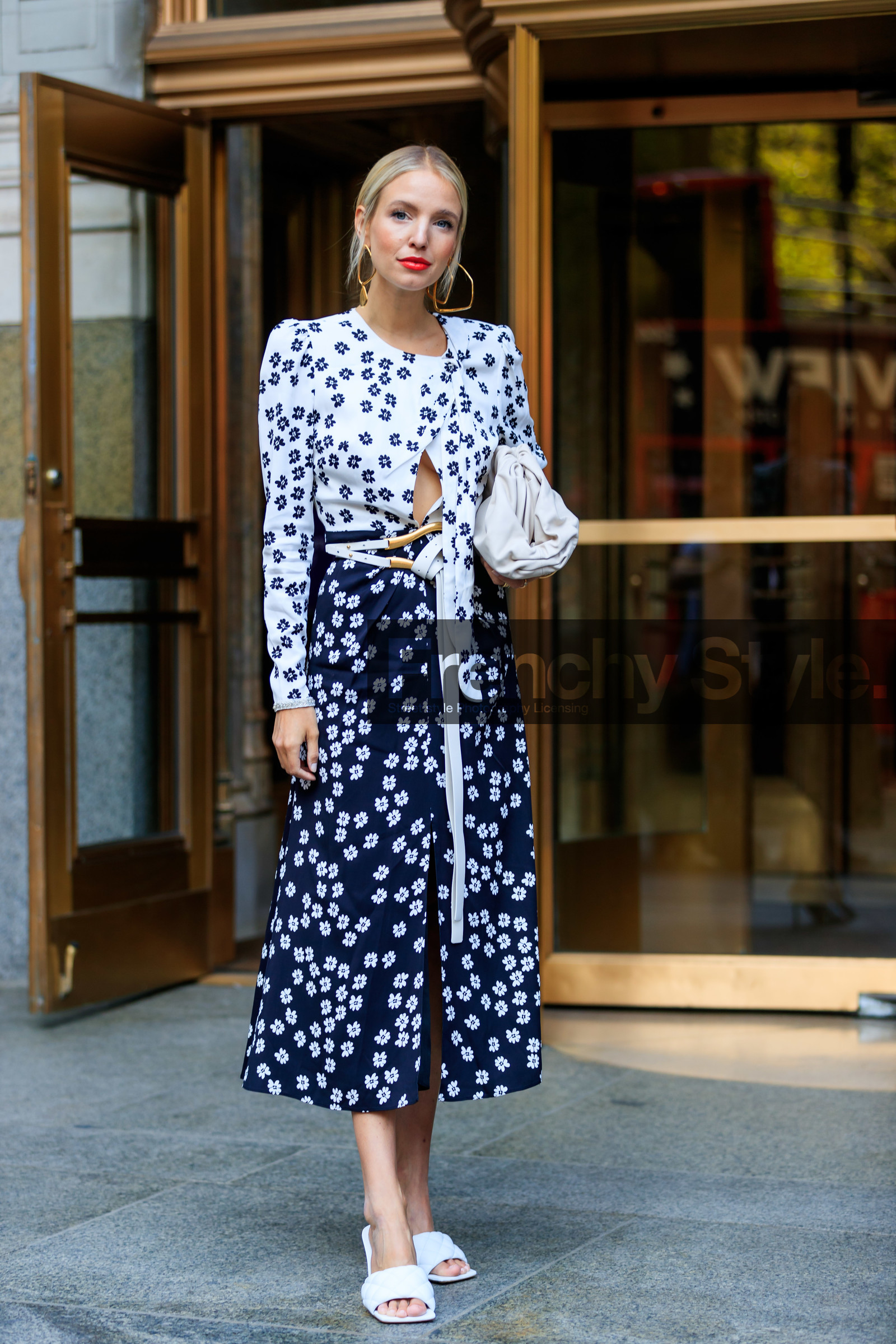 black and white, black dress, bottega veneta, earrings, floral, flowers, graphic dress, high heels, leather bag, leather shoes, leonie hanne, printed dress, red lips, white bag, white belt, white dress, white shoes, fashion week, frenchystyle, FW, jonathan paciullo, street style, NEW YORK, NYFW, SPRING SUMMER 2020, SS 20, vertical, full length