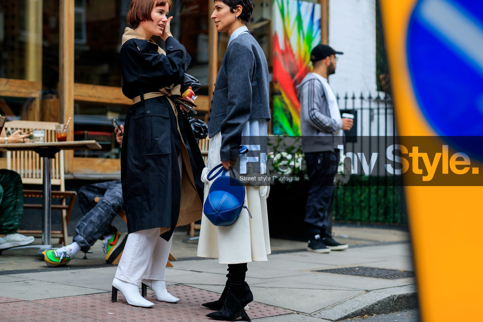 yasmin sewell, black boots, black suede boots, blue leather bag, cropped jacket, dark grey jacket, drape shirt, geometrical heel, j w anderson bag, knot details, lace shirt, light blue shirt, long shirt, mid long skirt, silk skirt, white skirt, black trench coat, belted coat, beige hoodie, white leather boots, high heels boots, white jeans, fashion week, frenchystyle, FW, jonathan paciullo, street style, atmosphere details, horizontal, detail
