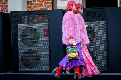 animal print, chinese print, choker, dyed hair, floral, flowers, fur jacket, fuschia, glitter, graphic bag, gucci, high heels, japanese print, leather bag, leather shoes, multicolor bag, necklace, pink fur, pink hair, pink jacket, pink pants, printed bag, printed shoes, purple skirt, purple sweater, red lips, red sweater, rings, sequined pants, sequined skirt, shiny pants, shiny skirt, sunglasses, tights, fashion week, frenchystyle, FW, jonathan paciullo, street style, MFW, MILAN, AUTUMN WINTER 2018-2019, FALL WINTER 2018-2019, FW 18-19, horizontal, atmosphere details, full length, Ami and Aya Suzuki