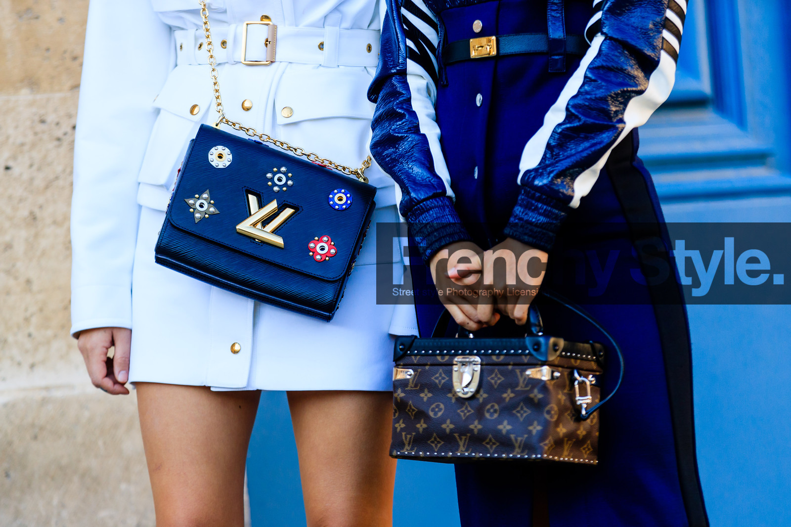 aimee song, atmosphere details, black and white, black bag, blue skirt, brown bag, dani song, detail, embroidered bag, fashion week, frenchystyle, FW, graphic top, high waist, horizontal, jonathan paciullo, leather bag, louis vuitton, monogram, PARIS, PFW, printed bag, printed top, SPRING SUMMER 2017, SS 17, street style, striped top, white dress