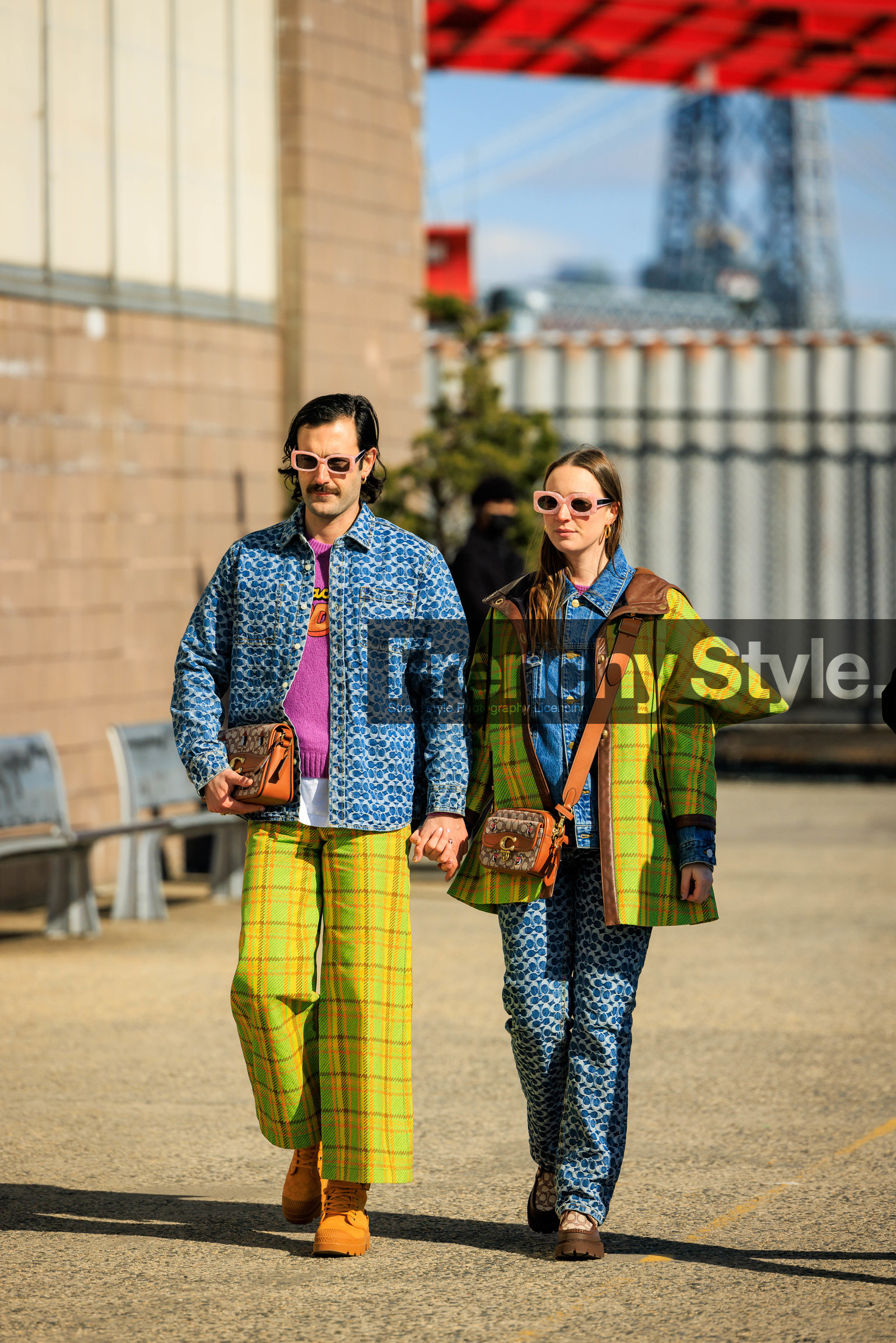 coach jacket, coach denim, couples style, plaid pants, plaid jacket, printed pants, printed jacket, coach jeans, coach boots, orange combat boots, brown boots, groovy g, pink glasses, coach handbag, crosbody bag, coach crossbody, denim buttoned jacket, green pants, green jacket, multicolor outfit, fashion week, frenchystyle, FW, jonathan paciullo, street style, NYFW, NEW YORK, AUTUMN WINTER 2022-2023, FALL WINTER 2022_2023, FW 22-23, vertical, full length