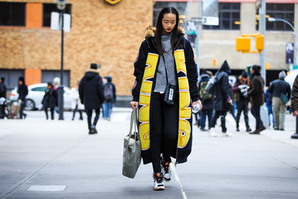 atmosphere details, AUTUMN WINTER 2016-2017, AW 16-17, black, black coat, fashion week, frenchystyle, full length, fur collar, FW, FW 16-17, horizontal, huan zhou, jonathan paciullo, leather sneakers, long coat, model, NEW YORK, NYFW, oversize, printed coat, street style, striped sweater, turtleneck sweater, white beanie, woman, yellow