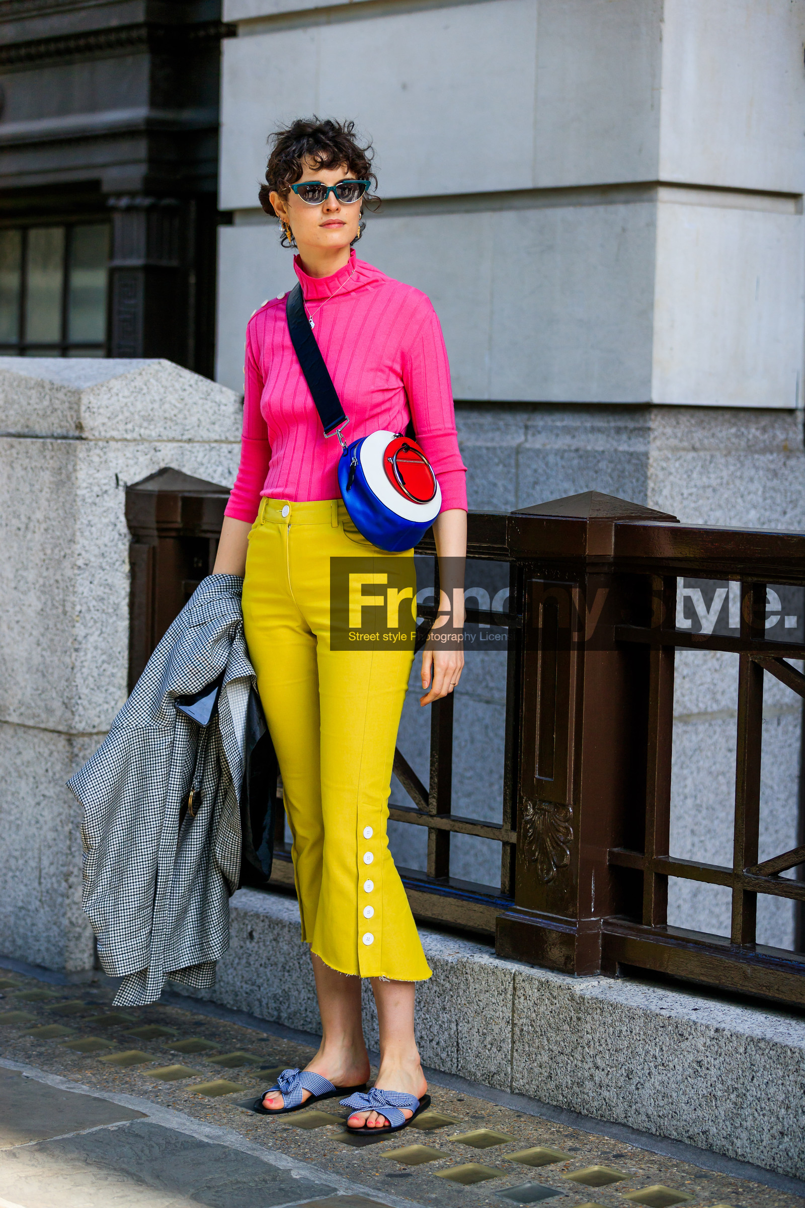 blue, chloe hill, earrings, graphic bag, grey jacket, grey shoes, leather bag, leather shoes, multicolor bag, necklace, pink sweater, printed bag, red, sunglasses, trousers, white, yellow pants, fashion week, frenchystyle, FW, jonathan paciullo, street style, LFW, LONDON, SPRING SUMMER 2019, SS 19, vertical, full length