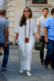 Véronique Tristram, aviator glasses, golden earrings, white dress, t-shirt dress, loose dress, short sleeves dress, necklace bag, mini bag, animal skin bag, brown leather bag, white leather loafers, fashion week, frenchystyle, FW, jonathan paciullo, street style, vertical, full length