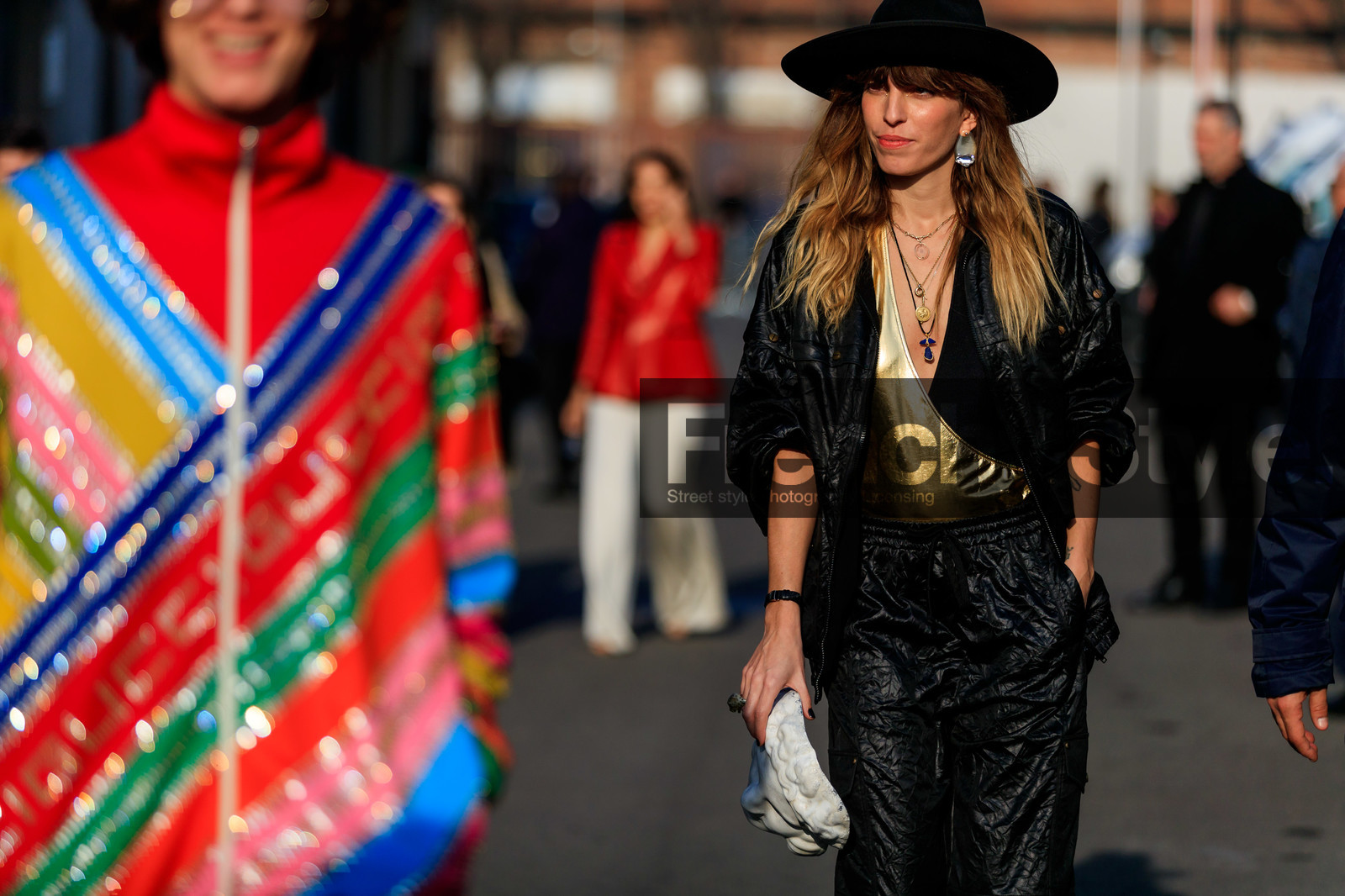 black hat, black jacket, black pants, earrings, golden details, leather bag, necklace, swimsuit, trousers, fashion week, frenchystyle, FW, jonathan paciullo, street style, MFW, MILAN, AUTUMN WINTER 2019-2020, AW 19-20, FALL WINTER 2019-2020, FW 19-20, atmosphere details, detail, horizontal
