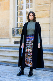 black coat, black shoes, cape, christian dior, embroidered skirt, embroideries, floral, flowers, graphic skirt, green sweater, leather bag, leather shoes, multicolor skirt, printed skirt, rain boots, fashion week, frenchystyle, FW, jonathan paciullo, street style, PFW, PARIS, AUTUMN WINTER 2019-2020, AW 19-20, FALL WINTER 2019-2020, FW 19-20, vertical, full length