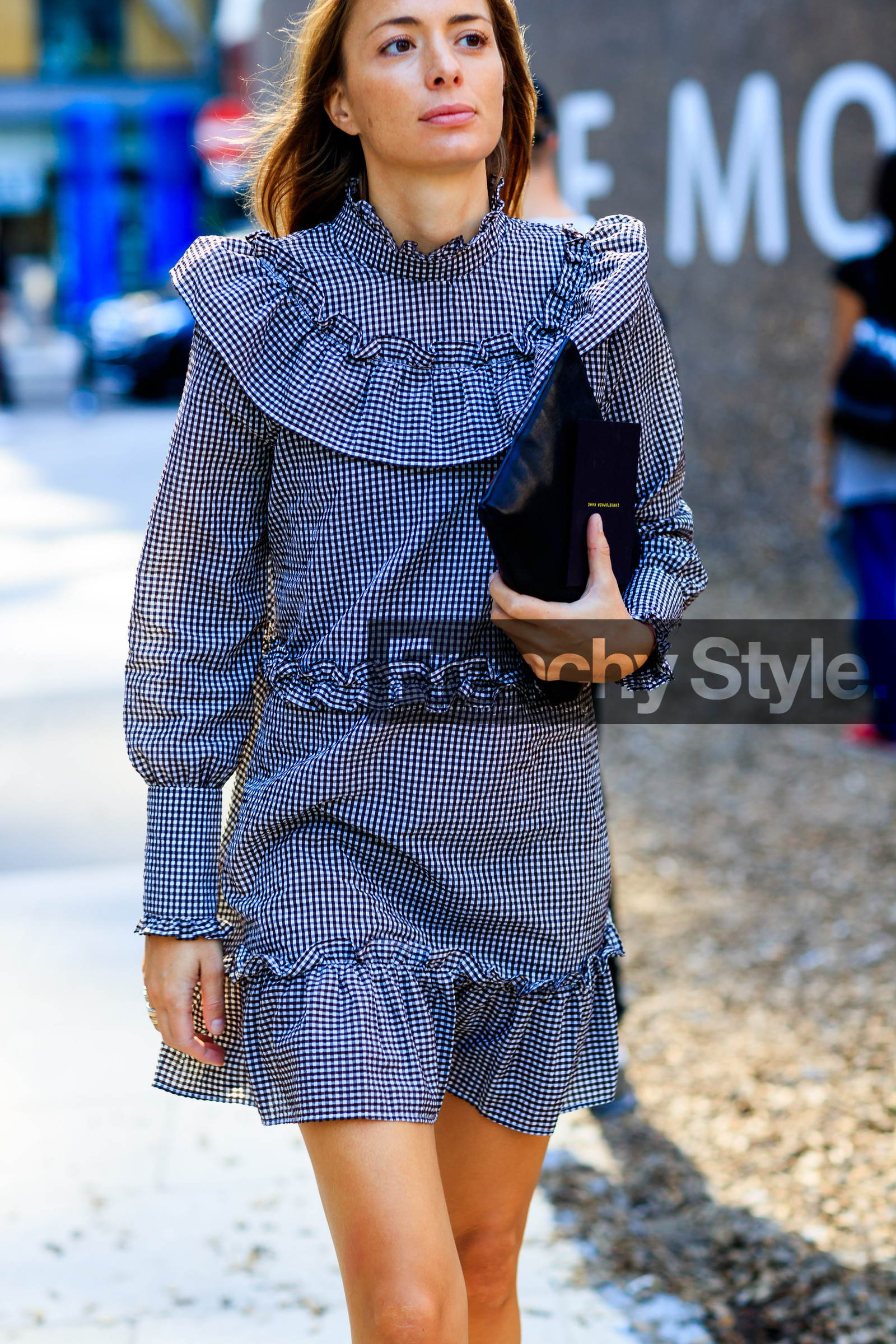 black and white, black bag, checked, gingham, graphic dress, leather bag, plaid, printed dress, fashion week, frenchystyle, FW, jonathan paciullo, street style, LFW, LONDON, SPRING SUMMER 2019, SS 19, vertical, detail, atmosphere details