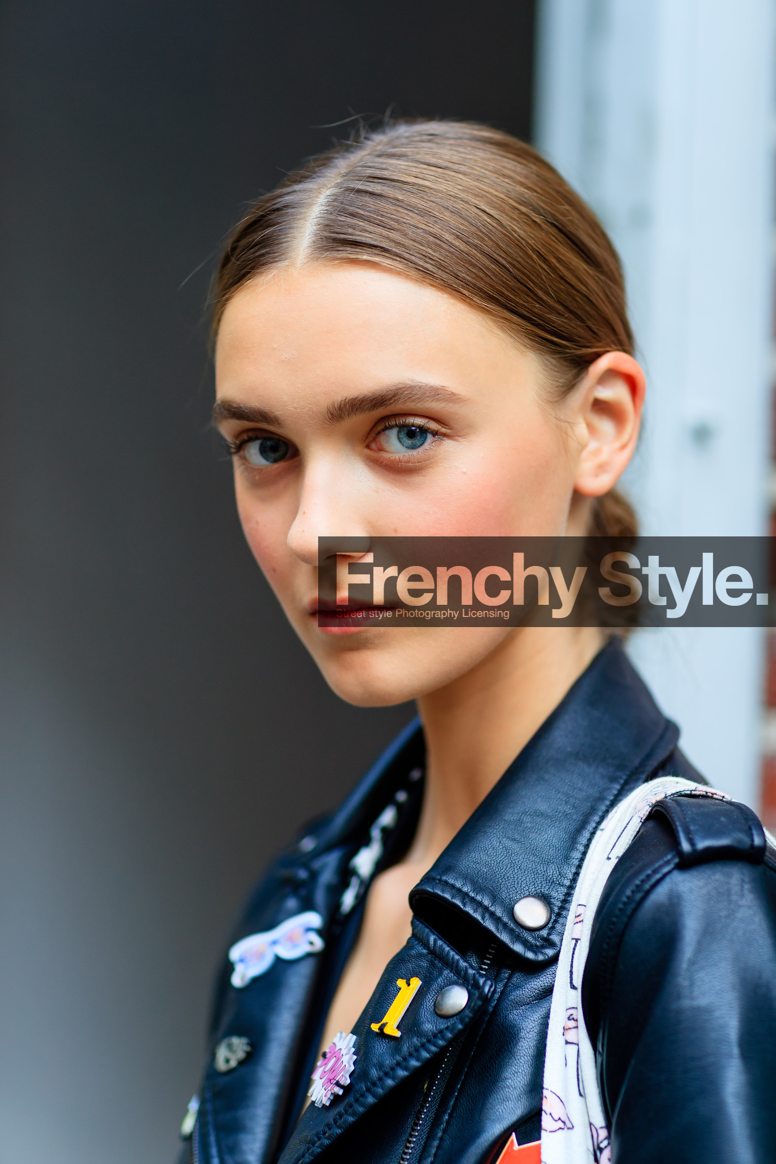 atmosphere details, black jacket, black perfecto, fashion week, frenchystyle, FW, jonathan paciullo, leather jacket, leather perfecto, model, natural, NEW YORK, NYFW, pins, portrait, pulled back hair, skincare, SPRING SUMMER 2017, SS 17, street style, vertical, woman