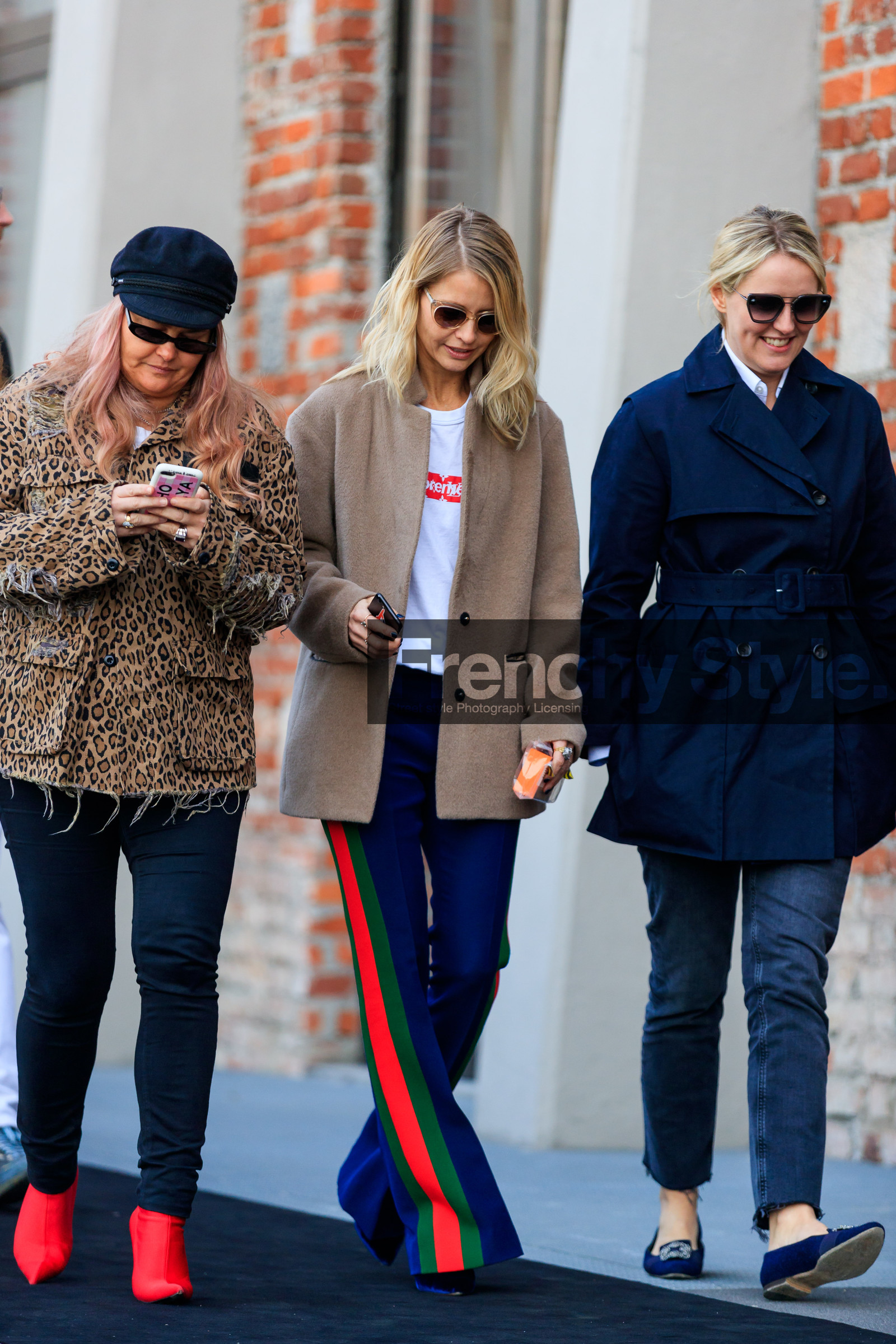 animal print, beige jacket, black cap, black denim, blue ballerinas, denim pants, graphic jacket, graphic pants, gucci, high heels, jeans, leather shoes, leopard, navy coat, navy pants, printed jacket, printed pants, red boots, stripes, sunglasses, trench coat, trousers, white t shirt, fashion week, frenchystyle, FW, jonathan paciullo, street style, MFW, MILAN, AUTUMN WINTER 2018-2019, FALL WINTER 2018-2019, FW 18-19, vertical, full length, holly rodgers