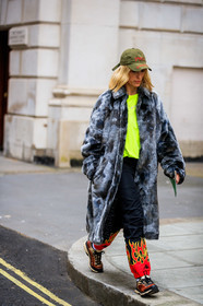 black pants, Fur coat, graphic pants, green hat, green sweater, grey coat, grey fur, leather shoes, neon, printed pants, red sneakers, sweatpants, trousers, street style, jonathan paciullo, FW, frenchystyle, fashion week, LFW, LONDON, AUTUMN WINTER 2019-2020, AW 19-20, FW 19-20, FALL WINTER 2019-2020, vertical, full length