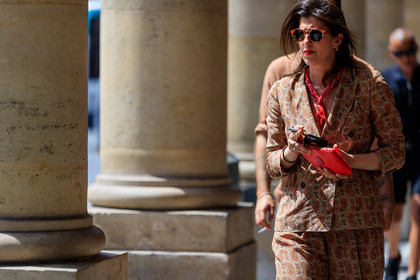 atmosphere details, brown jacket, brown pants, detail, fashion week, frenchystyle, FW, graphic jacket, horizontal, jonathan paciullo, leather bag, MENSWEAR, PARIS, PFW, printed jacket, printed pants, red bag, red bandana, SPRING SUMMER 2018, SS 18, street style, sunglasses, trousers