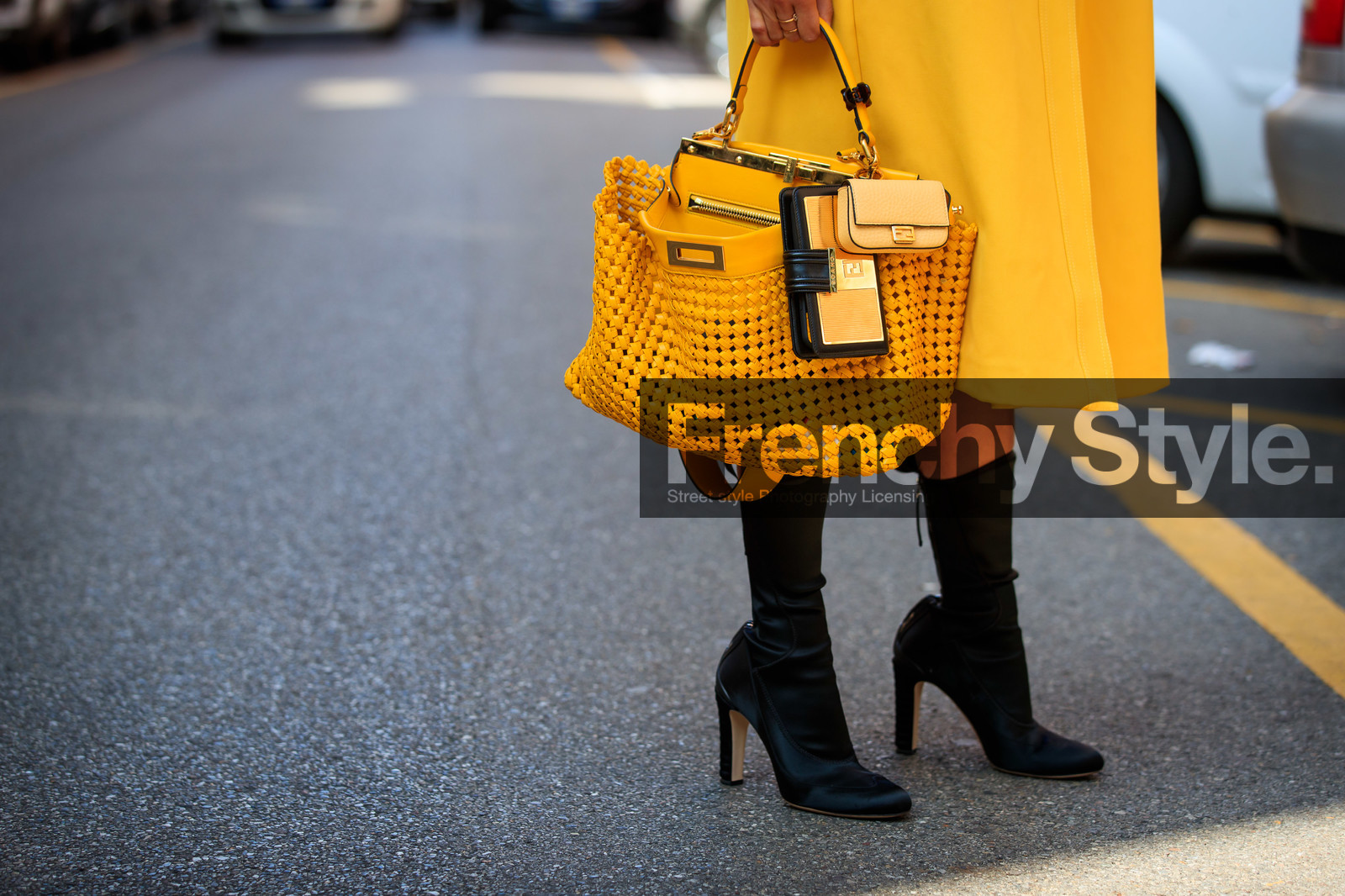 yellow dress, yellow jacket, jacket dress, long dress, belted dress, belted jacket, long sleeves dress, dress shirt, yellow bag, yellow leather bag, fendi bag, openwork bag, peekaboo bag, multi bag, hand bag, black boots, high boots, high heels boots, fendi boots, shoes detail, bag detail, fendi look, fendi dress, nina suess, fashion week, frenchystyle, FW, jonathan paciullo, street style, MFW, MILAN, SPRING SUMMER 2021, SS 21, horizontal, atmosphere details, detail