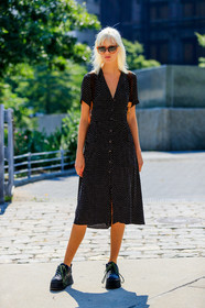 black dress, graphic dress, marjan jonkman, model, polka dot, printed dress, sunglasses, fashion week, frenchystyle, FW, jonathan paciullo, street style, NYFW, NEW YORK, SPRING SUMMER 2019, SS 19, vertical, full length