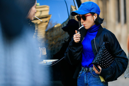 black bag, black belt, black jacket, blue cap, blue denim, blue sweater, bomber jacket, denim pants, jeans, leather bag, leather belt, sunglasses, trousers, turtleneck sweater, street style, jonathan paciullo, FW, frenchystyle, fashion week, LFW, LONDON, AUTUMN WINTER 2019-2020, AW 19-20, FW 19-20, FALL WINTER 2019-2020, horizontal, atmosphere details, detail