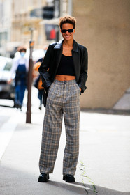 checked pants, grey pants, black leather jacket, black top, cropped top, black sunglasses, square shape glasses, loose pants, PARIS, PFW, fashion week, frenchystyle, FW, jonathan paciullo, street style, SPRING SUMMER 2021, SS 21, vertical, full length, model