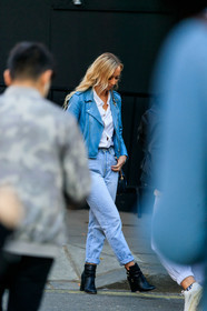 black shoes, blue denim, blue jacket, denim pants, high heels, jeans, leather jacket, leather perfecto, leather shoes, trousers, white shirt, street style, jonathan paciullo, FW, frenchystyle, fashion week, LFW, LONDON, AUTUMN WINTER 2019-2020, AW 19-20, FW 19-20, FALL WINTER 2019-2020, vertical, full length