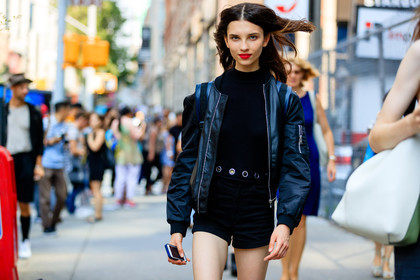 atmosphere details, black jacket, black shorts, black top, bomber jacket, detail, fashion week, frenchystyle, FW, horizontal, jonathan paciullo, model, NEW YORK, NYFW, red lips, SPRING SUMMER 2017, SS 17, street style, woman