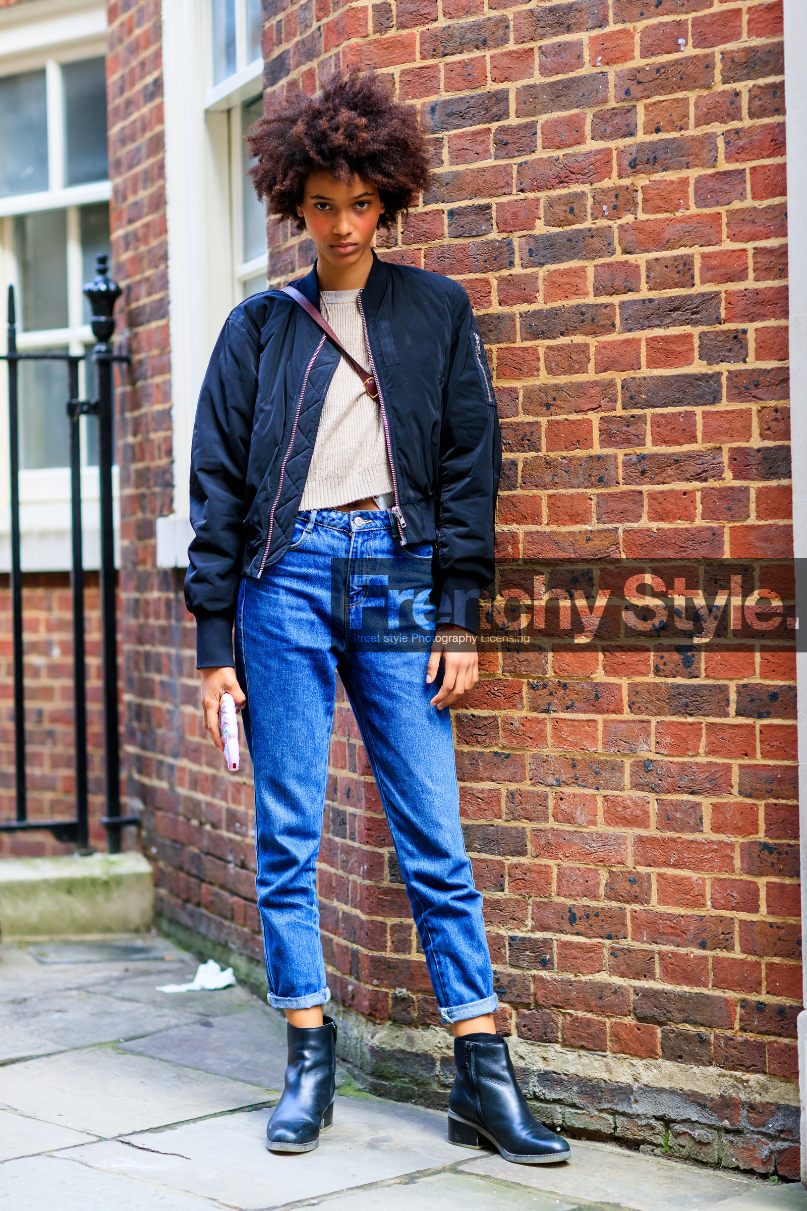 beige sweater, black jacket, black shoes, blazer, blue denim, bomber jacket, denim pants, fashion week, frenchystyle, full length, FW, jeans, jonathan paciullo, leather shoes, LFW, LONDON, model, SPRING SUMMER 2018, SS 18, street style, trousers, vertical