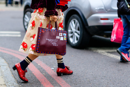 atmosphere details, beige skirt, black socks, bordeaux, burgundy, detail, fashion week, flower, frenchystyle, FW, horizontal, jonathan paciullo, leather bag, leather shoes, LFW, LONDON, nude skirt, printed bag, printed skirt, red bag, red jacket, red shoes, silk skirt, SPRING SUMMER 2017, SS 17, street style, velvet, woman
