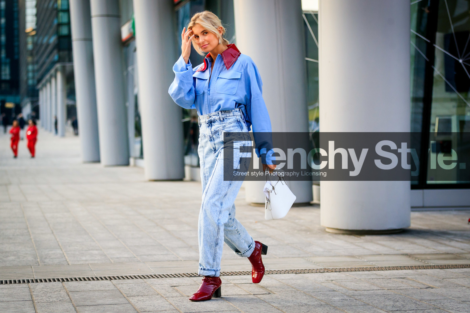 blue denim, blue shirt, bordeaux, burgundy, denim pants, earrings, high heels, jeans, leather bag, leather shoes, maison martin margiela, red boots, trousers, white bag, xenia adonts, fashion week, frenchystyle, FW, jonathan paciullo, street style, MFW, MILAN, AUTUMN WINTER 2019-2020, AW 19-20, FALL WINTER 2019-2020, FW 19-20, atmosphere details, full length, horizontal