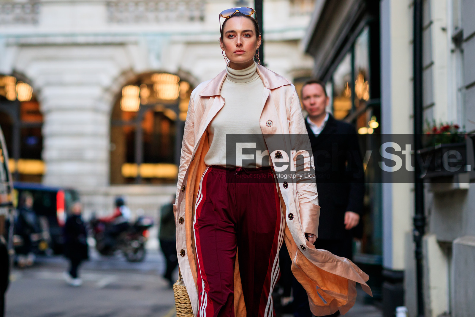 adidas, bordeaux, burgundy, earrings, pink coat, red pants, sunglasses, sweatpants, trousers, white sweater, fashion week, frenchystyle, FW, jonathan paciullo, street style, LFW, LONDON, AUTUMN WINTER 2018-2019, AW 18-19, FALL WINTER 2018-2019, FW 18-19, horizontal, atmosphere details, detail, flora macdonald johnston