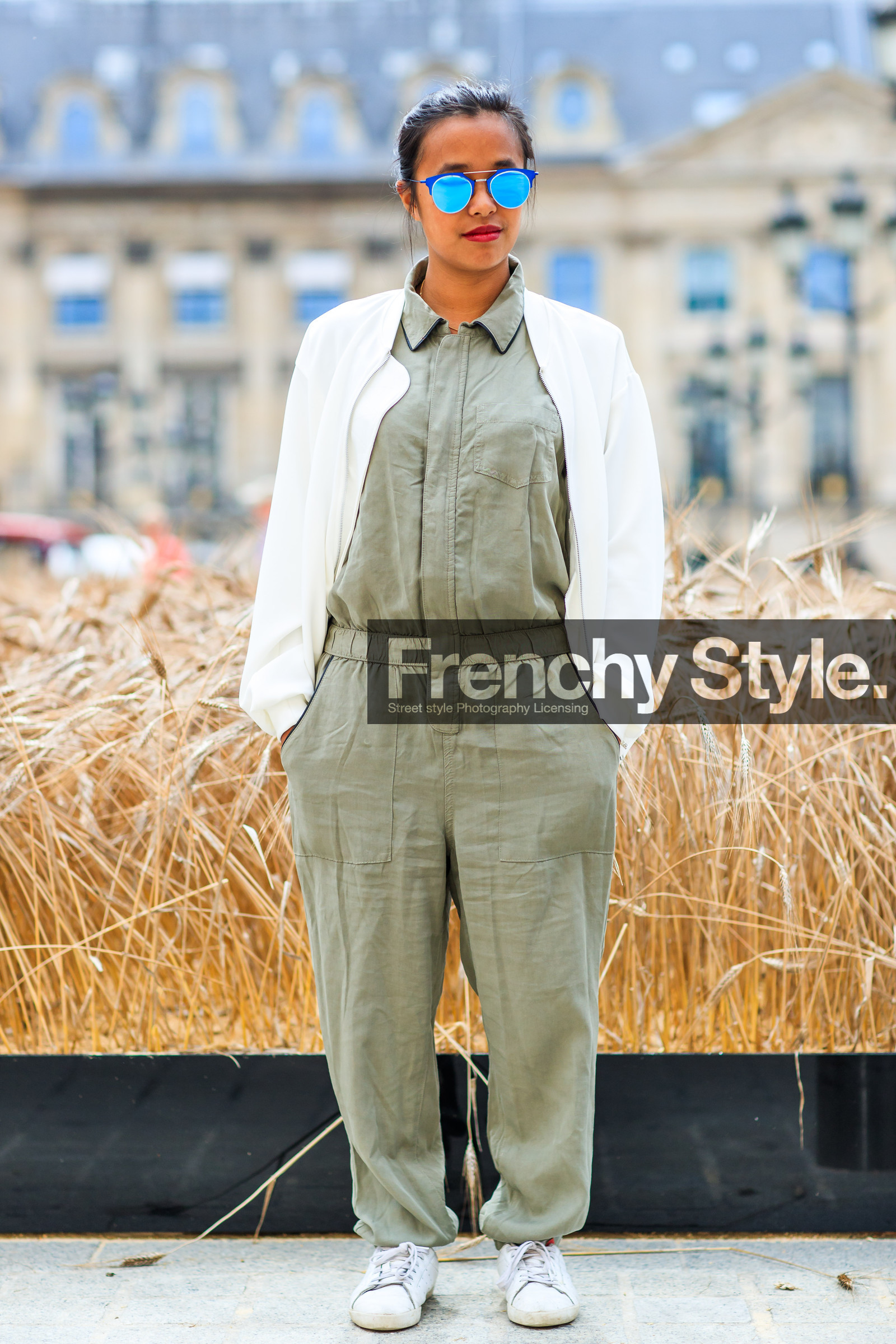 AUTUMN WINTER 2016-2017, AW 16-17, bomber jacket, FALL WINTER 2016-2017, fashion week, frenchystyle, full length, FW, FW 16-17, green jumpsuit, HAUTE COUTURE, jonathan paciullo, kaki jumpsuit, leather sneakers, MENSWEAR, PARIS, PFW, street style, sunglasses, vertical, white jacket, white sneakers