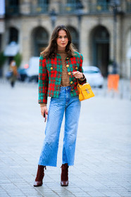 therese hellstrom, checked jacket, red jacket, green jacket, denim, light blue jeans, used jeans, flare jeans, yellow bag, polish bag, monogrammed bag, hand bag, louis vuitton bag, camel pullover, brown leather boots, brown suede boots, cropped jeans, fashion week, frenchystyle, FW, jonathan paciullo, street style, PFW, PARIS, SPRING SUMMER 2021, SS 21, vertical, full length