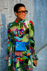 blue bag, fanny pack, floral, flowers, graphic dress, green dress, leather bag, multicolor dress, printed dress, short hair, sunglasses, tamu mcpherson, fashion week, frenchystyle, FW, jonathan paciullo, street style, MFW, MILAN, SPRING SUMMER 2019, SS 19, vertical, atmosphere details, detail