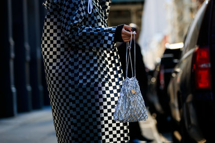 checked, fishnet, graphic jacket, leather bag, plaid, prada, Preetma Singh, printed jacket, shiny bag, silver bag, silver coat, street style, jonathan paciullo, frenchystyle, NYFW, NEW YORK, AUTUMN WINTER 2019-2020, AW 19-20, FALL WINTER 2019-2020, FW 19-20, fashion week, FW, atmosphere details, horizontal, detail