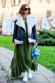 black jacket, blue bag, green dress, leather bag, leather jacket, leather shoes, shearling, sunglasses, white sneakers, fashion week, frenchystyle, FW, jonathan paciullo, street style, MFW, MILAN, AUTUMN WINTER 2018-2019, FALL WINTER 2018-2019, FW 18-19, vertical, full length, candela novembre