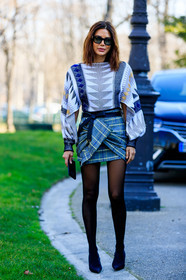 black shoes, checked, Christine Centenera, geometric, graphic skirt, graphic sweater, grey skirt, leather shoes, plaid, printed skirt, printed sweater, sunglasses, tights, white sweater, PARIS, PFW, street style, jonathan paciullo, FW, frenchystyle, fashion week, AUTUMN WINTER 2019-2020, AW 19-20, FALL WINTER 2019-2020, FW 19-20, vertical, full length