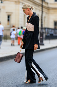 black jacket, black pants, black suit, blazer, bordeaux, burgundy, bustier top, christian dior, graphic bag, leather bag, leather shoes, monogram, necklace, pink top, printed bag, red bag, silver shoes, trousers, PFW, fashion week, frenchystyle, FW, jonathan paciullo, street style, PARIS, vertical, full length, AUTUMN WINTER 2018-2019, FALL WINTER 2018-2019, FW 18-19, sofie valkiers