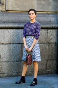 black shoes, bordeaux, burgundy, chanel, checked, christian dior, earrings, graphic bag, graphic skirt, graphic top, grey skirt, gucci, leather bag, leather shoes, monogram, plaid, printed bag, printed skirt, printed top, purple top, red bag, fashion week, frenchystyle, FW, jonathan paciullo, street style, LFW, LONDON, SPRING SUMMER 2019, SS 19, vertical, full length