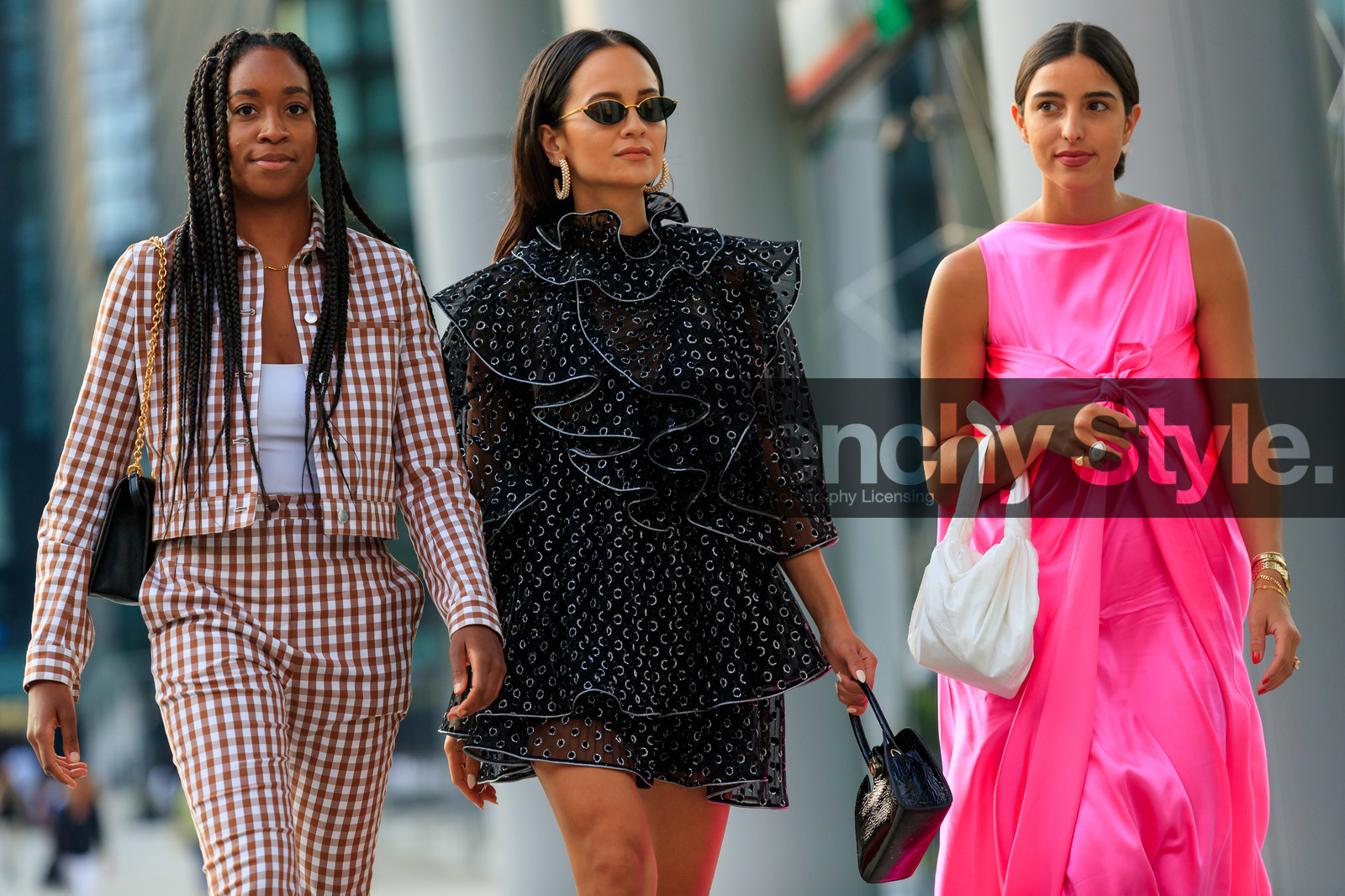 bettina looney, anna rosa vitiello, chrissy rutherford, pink dress, long dress, sleeveless dress, knoted dress, loose dress, bottega veneta bag, white bag, satin bag, multi rings, white ring, golden rings, mini dress, black dress, ruffle dress, high collar dress, polka dots dress, butterfly sunglasses, metalic frame sunglasses, hoop earrings, checked jacket, checked pants, checked suits, checked total look, vichy printed jacket, vichy printed pants, fashion week, frenchystyle, FW, jonathan paciullo, street style, MFW, MILAN, SPRING SUMMER 2020, SS 20