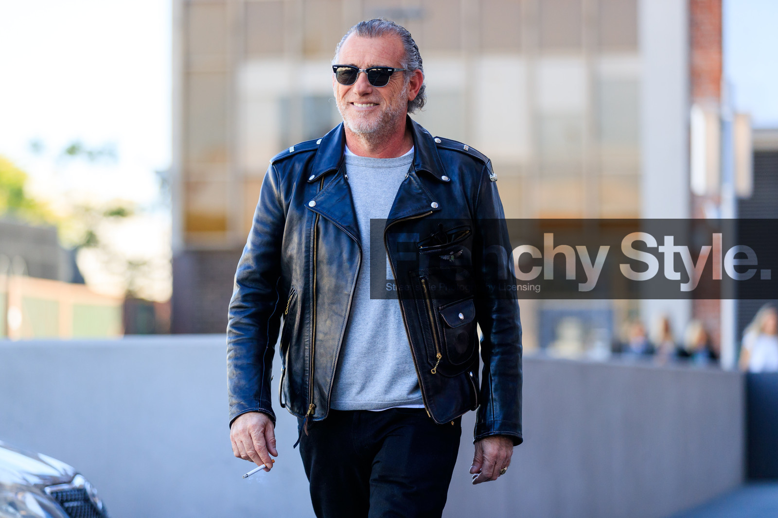 atmosphere details, black jacket, black pants, black perfecto, detail, fashion week, frenchystyle, FW, grey sweater, horizontal, jonathan paciullo, leather perfecto, MFW, MILAN, SPRING SUMMER 2018, SS 18, street style, sunglasses, trousers
