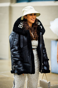 balenciaga jacket, leather jacket, winter balenciaga, bucket hat, white bucket hat, knitted pants, white pants, knitted top, white top, white bra, mini white bag, mini leather bag, black balenciaga jacket, fashion week, frenchystyle, FW, jonathan paciullo, street style, NYFW, NEW YORK, AUTUMN WINTER 2022-2023, FALL WINTER 2022_2023, FW 22-23, vertical, atmosphere details