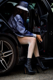 black boots, blue bob, blue jacket, bob, boots, gucci tight, jacket, leather boots, printed jacket, tight, tulle, victoria tomas look, white tight, fashion week, frenchystyle, FW, jonathan paciullo, street style, PFW, PARIS, SPRING SUMMER 2022, SS 22, vertical, atmosphere details