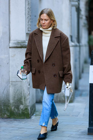 black shoes, blue denim, brown coat, chloé, denim pants, earrings, jeans, jessie bush, leather bag, leather shoes, trousers, turtleneck sweater, white bag, white sweater, fashion week, frenchystyle, FW, jonathan paciullo, street style, LFW, LONDON, AUTUMN WINTER 2019-2020, AW 19-20, FW 19-20, FALL WINTER 2019-2020, vertical, full length