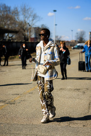 beige crossbody bag, plaid shirt, beige shirt, blue plaid shirt, black sunglasses, cow print pants, kaki pants, dual toned pants, white sneakers, white hoodie, animal print trousers, model, fashion week, frenchystyle, FW, jonathan paciullo, street style, vertical, full length