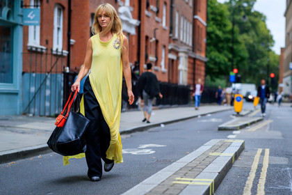 jeanette madsen, yellow dress, sleeveless dress, strassed pin, long dress, drape dress, black pants, loose pants, tailored pants, split dress, fashion week, frenchystyle, FW, jonathan paciullo, street style, atmosphere details, horizontal, full length