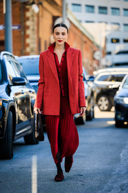 full red look, burgundy loafers, buttoned top, red blazer, red knitted top, red lips, red skirt, midi buttoned skirt, mini prada bag, brown handbag, knitwear, pleated skirt, mary leest, street style, jonathan paciullo, FW, frenchystyle, fashion week, NYFW, NEW YORK, AUTUMN WINTER 2022-2023, FALL WINTER 2022_2023, FW 22-23, vertical, full length