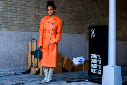 atmosphere details, AUTUMN WINTER 2017-2018, AW 17-18, bun, earrings, FALL WINTER 2017-2018, fashion week, frenchystyle, full length, FW, FW 17-18, graphic shoes, horizontal, jan-michael quammie, jonathan paciullo, leather bag, leather boots, leather coat, NEW YORK, NYFW, orange coat, snake print, street style, sunglasses