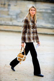 camille charriere, checked jacket, brown jacket, camel jacket, camel bag, camel suede bag, fur bag, velvet pants, flare pants, black pants, dior bag, dior saddle bag, dior jacket, hand bag, fashion week, frenchystyle, FW, jonathan paciullo, street style, PFW, PARIS, SPRING SUMMER 2021, SS 21, vertical, full length